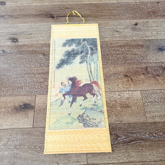 Large vintage Asian woven bamboo scroll with a horse - Picture 6 of 12